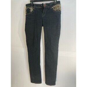 True Rock Women's Skinny Jeans Leopard Print Accents Rhinestone Embellished